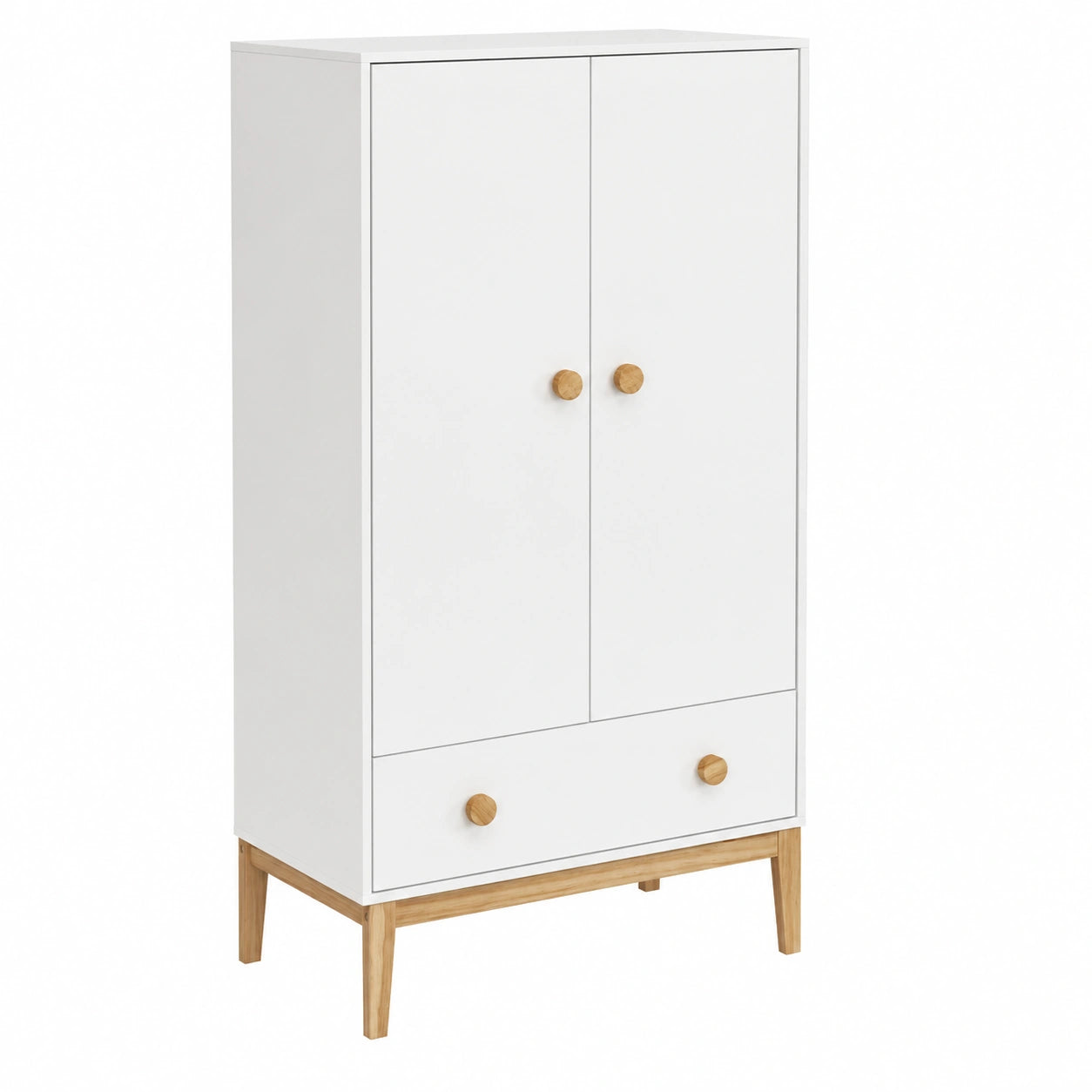 Armoire Enfant 2 Portes avec Tiroir en Blanc et Bois