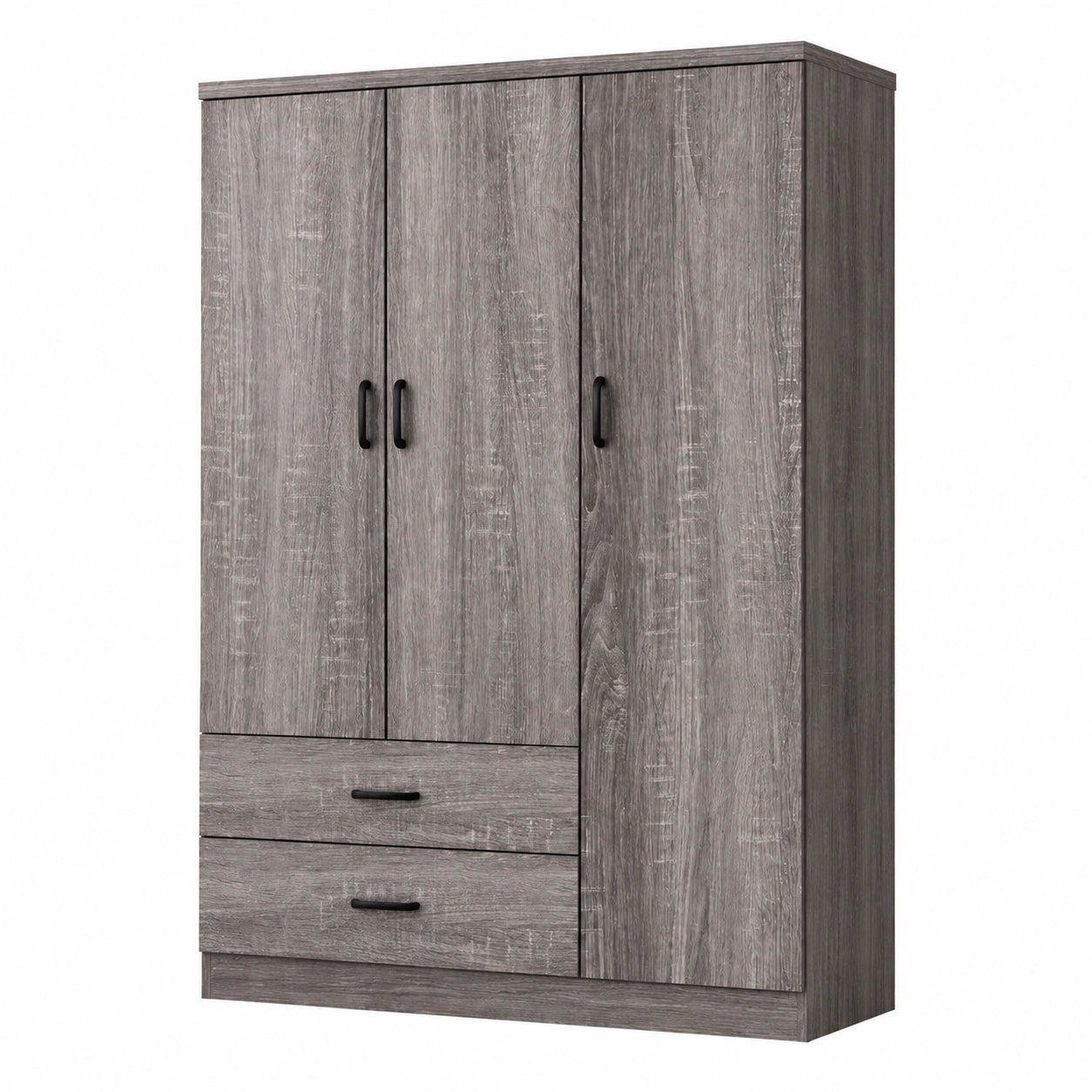 Armoire 3 Portes avec Tiroirs et Penderie en Bois Gris
