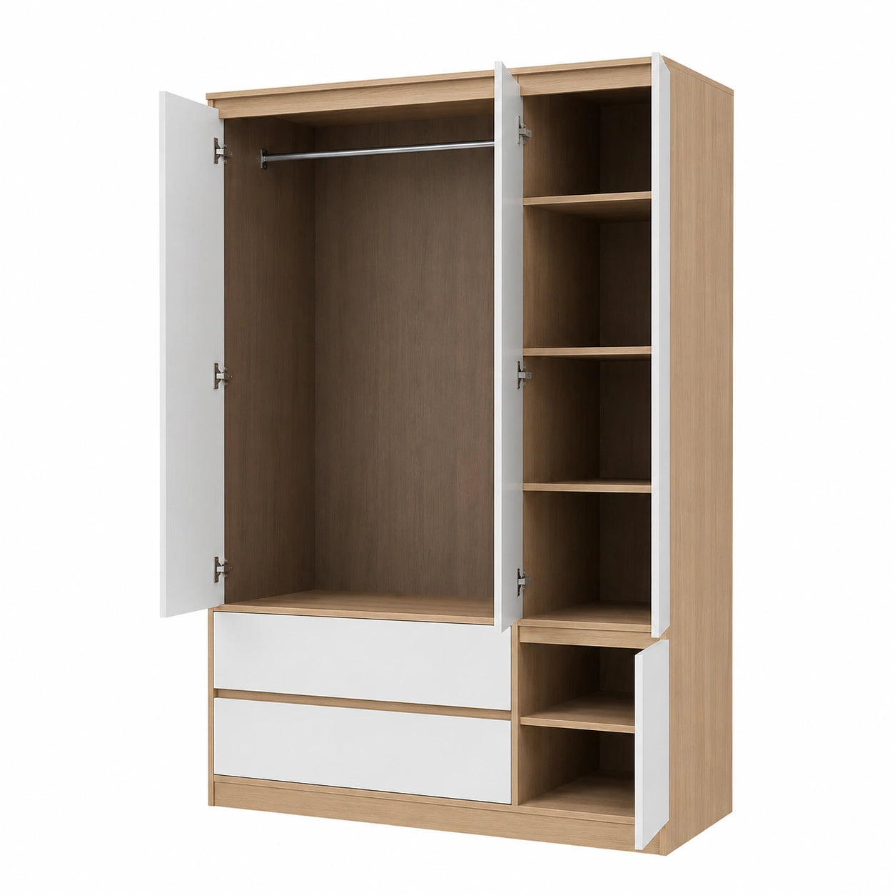 Armoire moderne avec penderie, ¨¦tag¨¨res et tiroirs finition ch¨ºne blanc