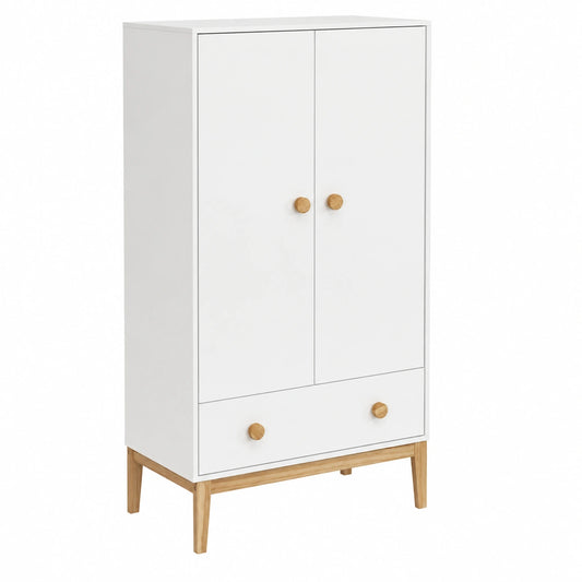 Armoire Enfant 2 Portes avec Tiroir en Blanc et Bois