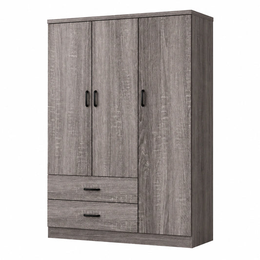 Armoire 3 Portes avec Tiroirs et Penderie en Bois Gris