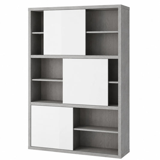 Grande biblioth¨¨que moderne avec portes coulissantes, ¨¦tag¨¨res multiples, ciment et blanc laqu¨¦