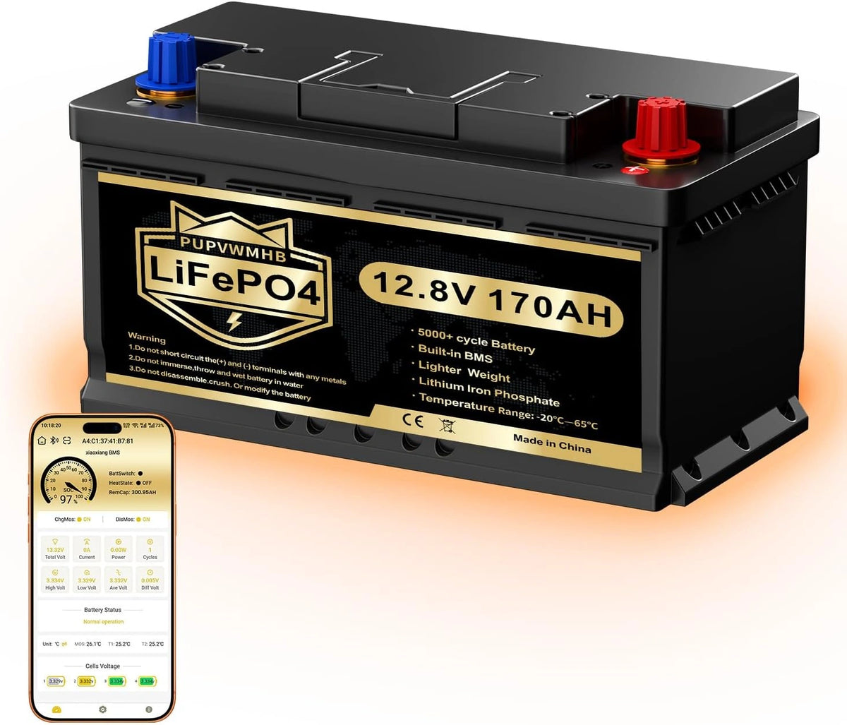 LiFePO4, Chauffage électrique, 12 V, Bluetooth, fonction chauffage