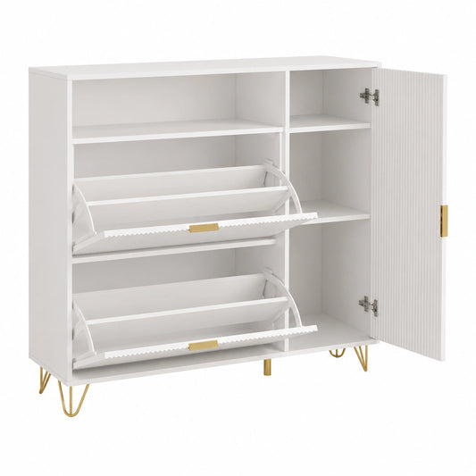 Armoire ¨¤ Chaussures Blanche avec Tiroirs Rabattables et Pieds Dor¨¦s