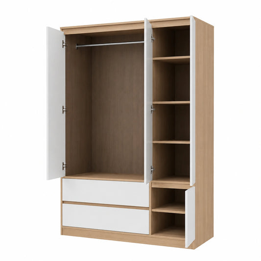 Armoire moderne avec penderie, ¨¦tag¨¨res et tiroirs finition ch¨ºne blanc